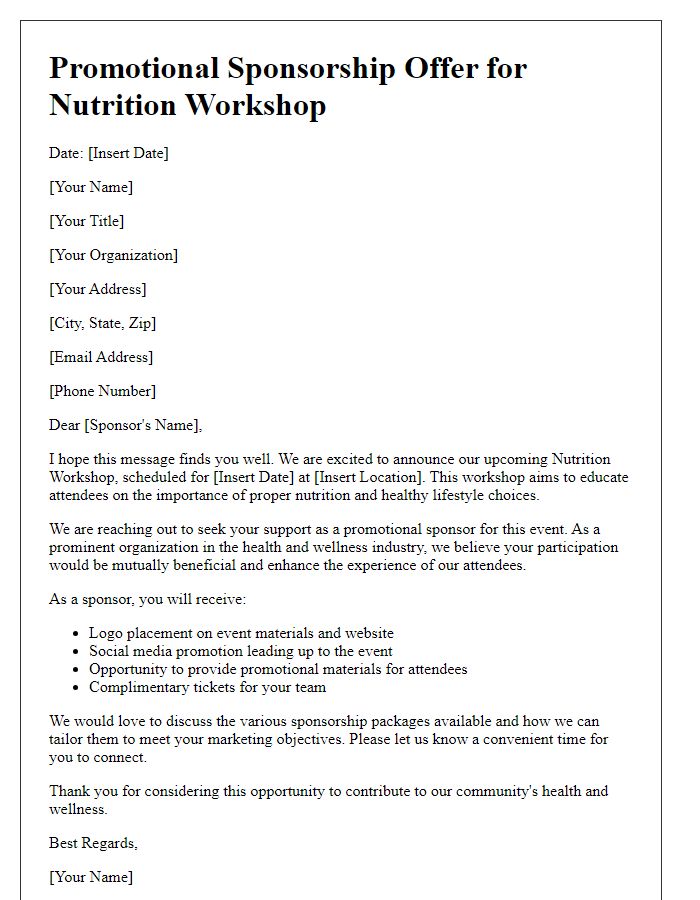 Letter template of promotional sponsorship offer for a nutrition workshop