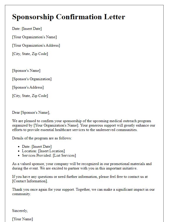 Letter template of sponsorship confirmation for a medical outreach program