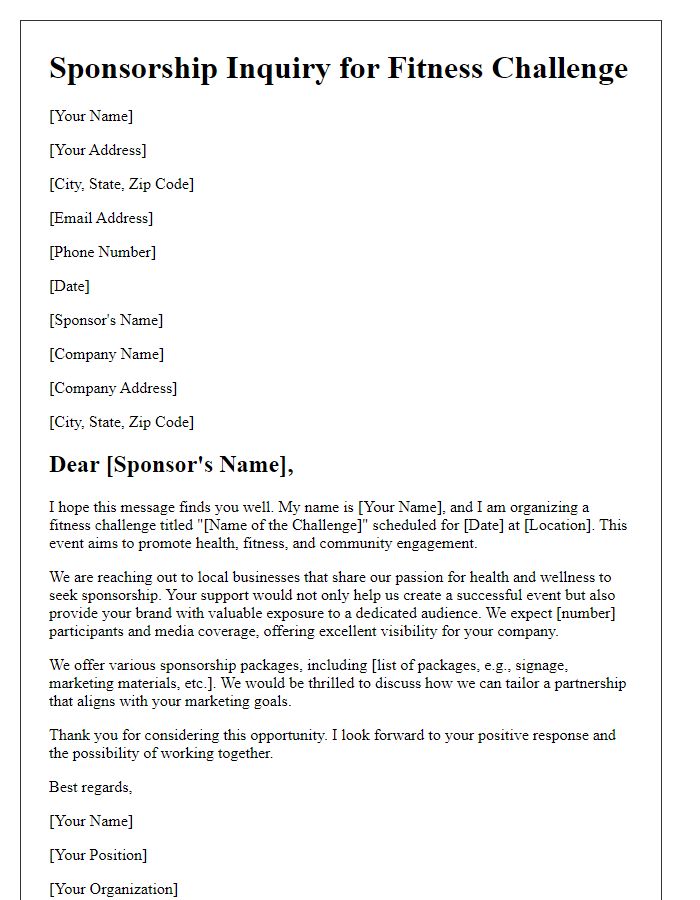 Letter template of sponsorship inquiry for a fitness challenge