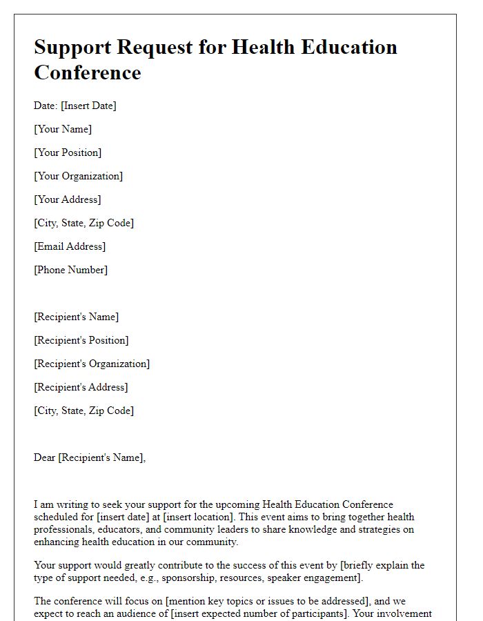 Letter template of support request for a health education conference