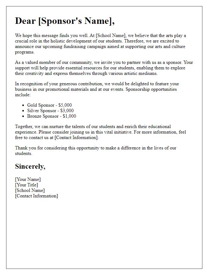 Letter template of school fundraising sponsorship for arts and culture programs