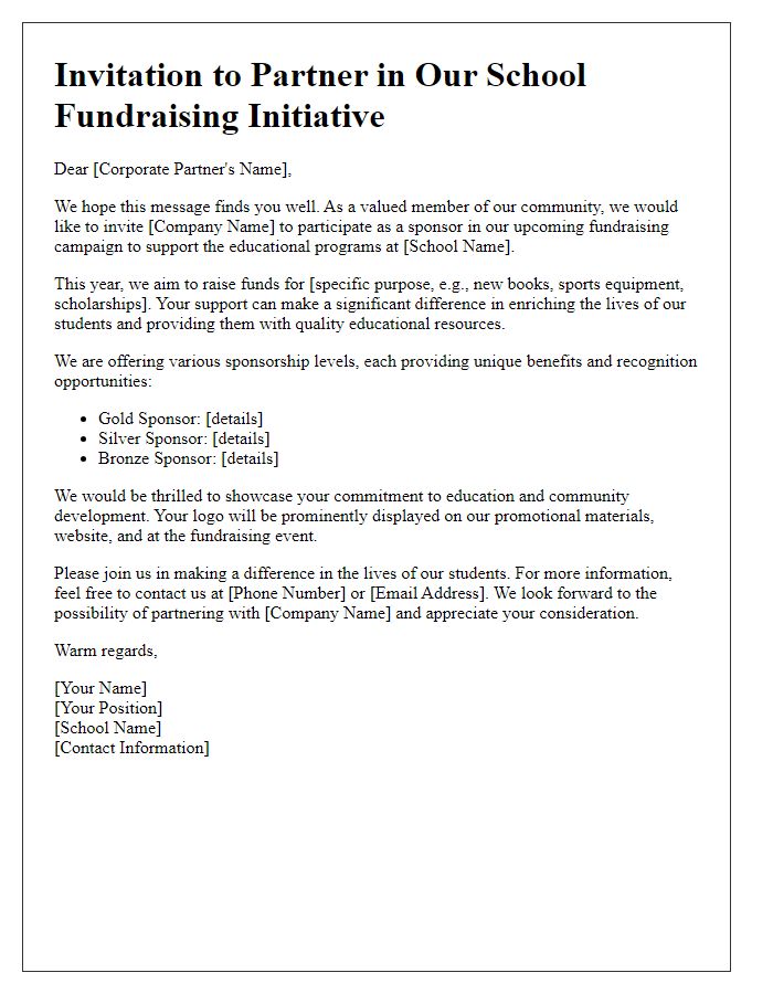 Letter template of school fundraising sponsorship invitation for corporate partners