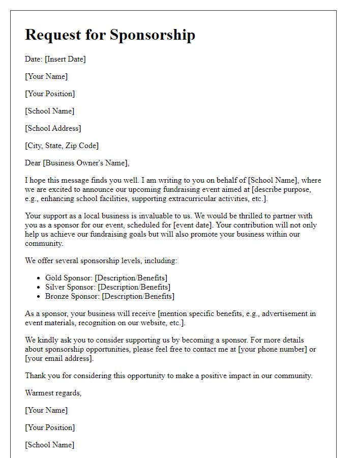 Letter template of school fundraising sponsorship request for local businesses