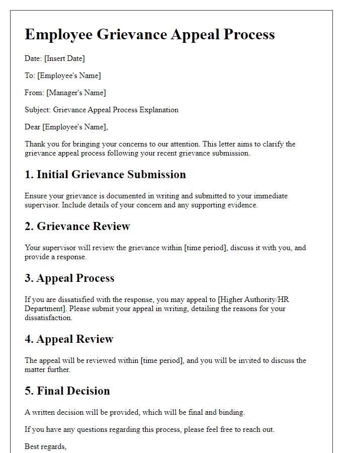 Letter template of employee grievance appeal process explanation