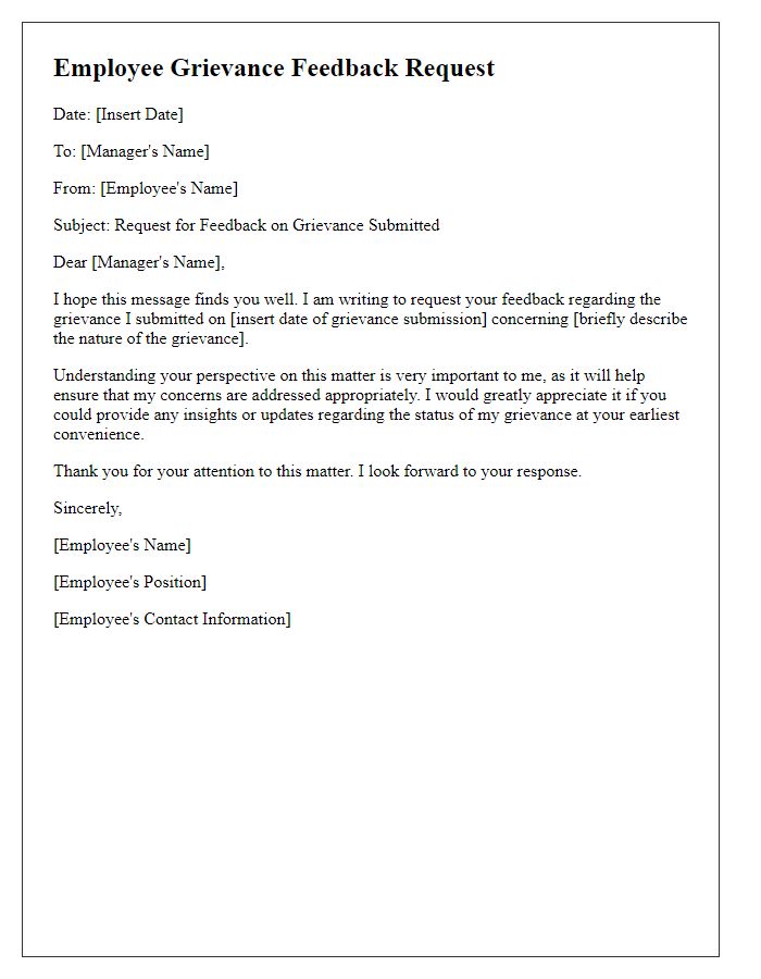 Letter template of employee grievance feedback request