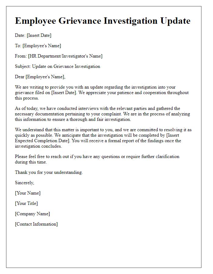 Letter template of employee grievance investigation update