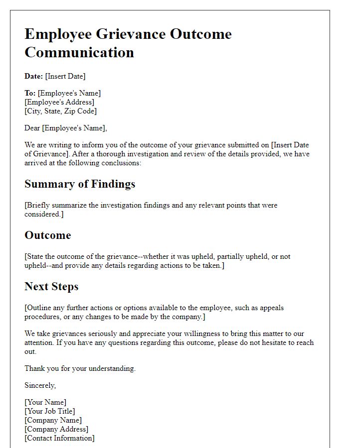 Letter template of employee grievance outcome communication