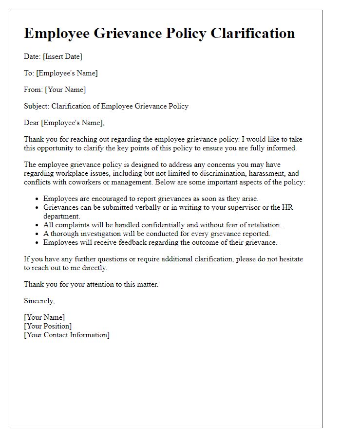 Letter template of employee grievance policy clarification