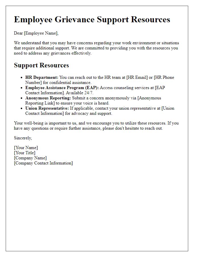 Letter template of employee grievance support resources information