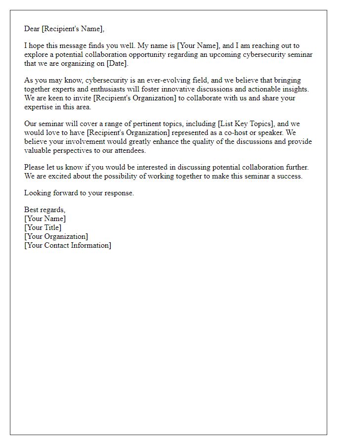 Letter template of collaboration opportunity for a cybersecurity seminar.