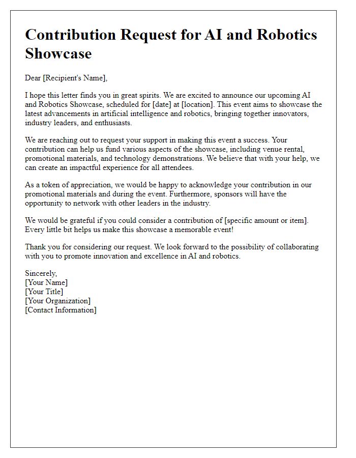 Letter template of contribution request for an AI and robotics showcase.