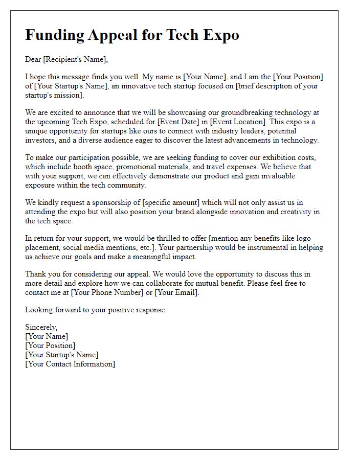 Letter template of funding appeal for a startup tech expo.