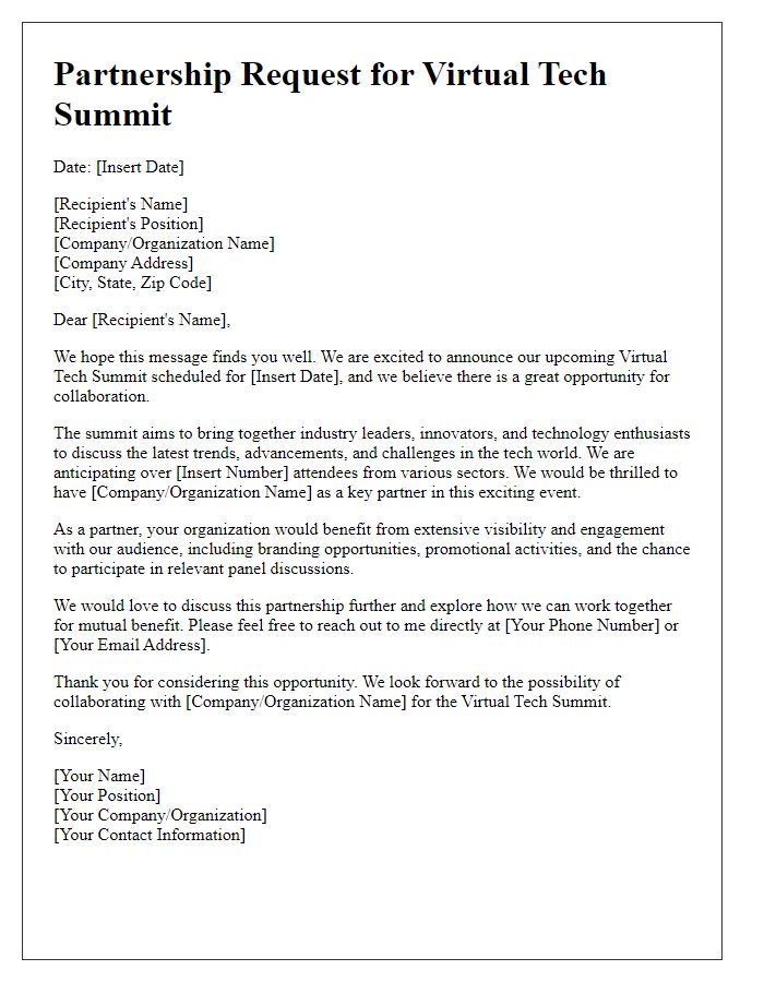 Letter template of request for partnership in a virtual tech summit.