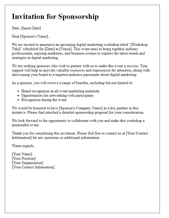 Letter template of sponsorship invitation for a digital marketing workshop.