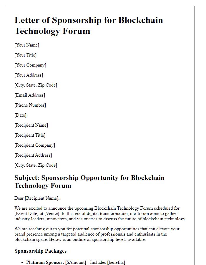 Letter template of sponsorship outline for a blockchain technology forum.