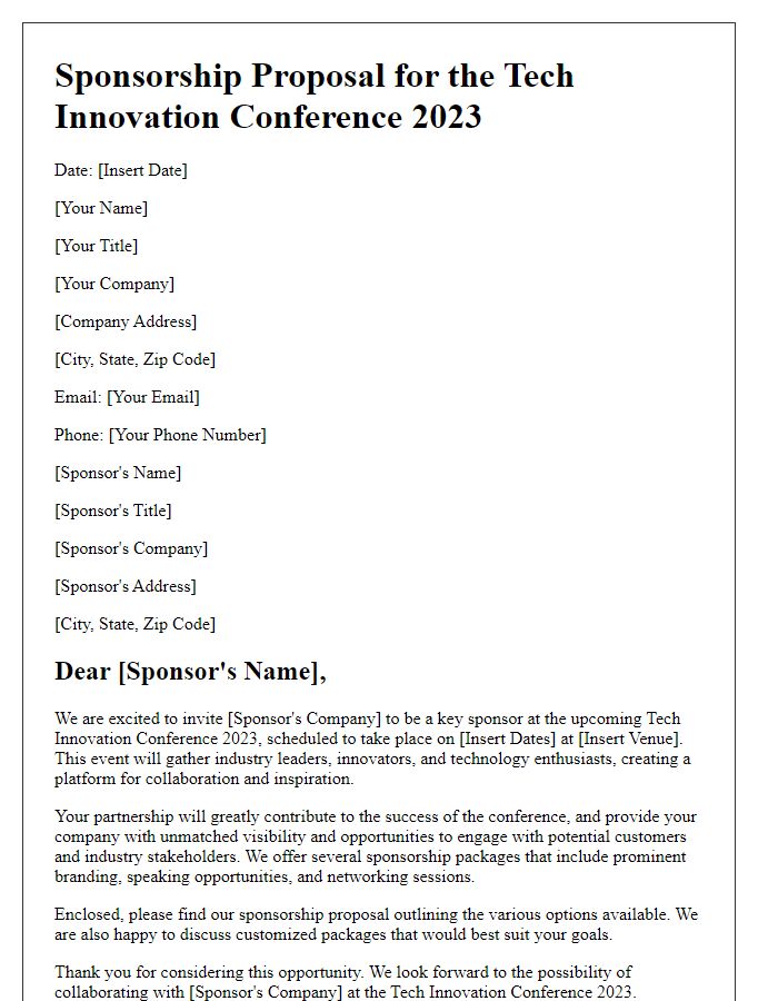 Letter template of sponsorship proposal for a tech innovation conference.