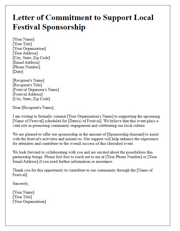 Letter template of commitment to support local festival sponsorship