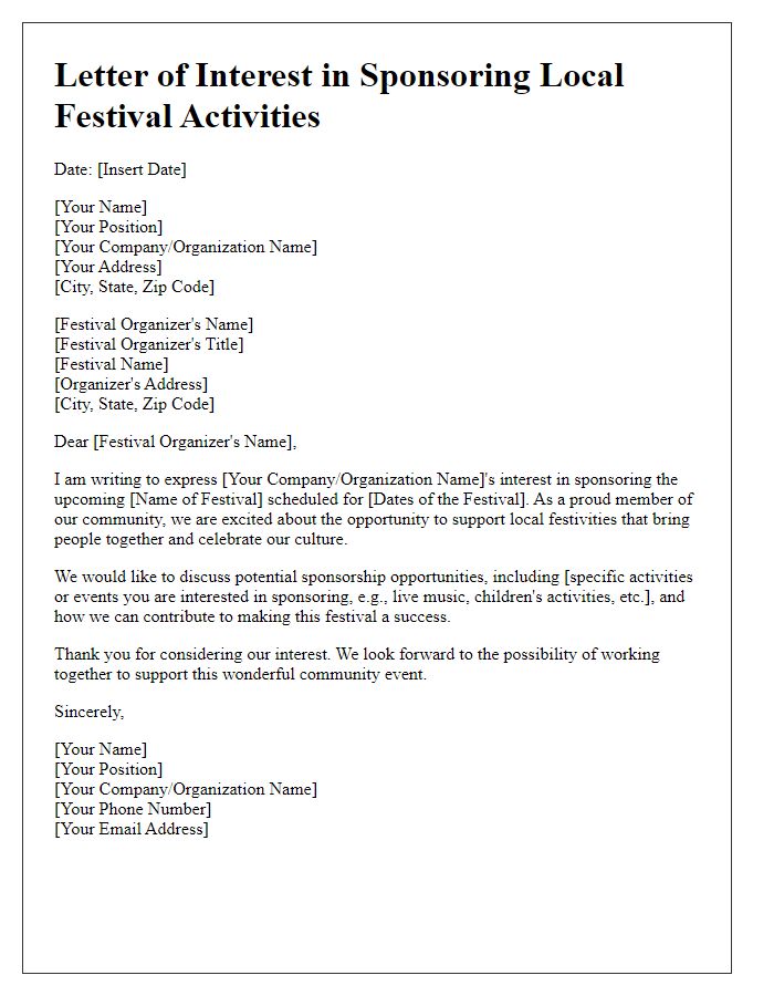 Letter template of interest in sponsoring local festival activities