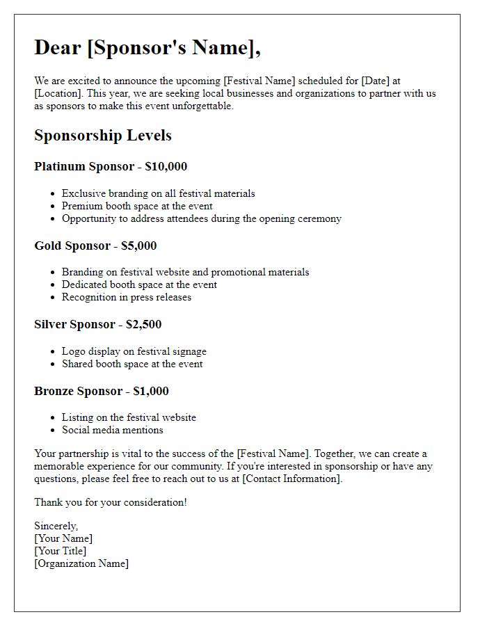 Letter template of sponsorship levels for local festival involvement