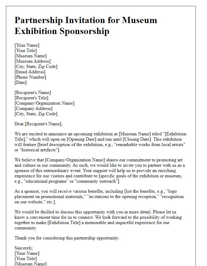 Letter template of partnership invitation for museum exhibition sponsorship