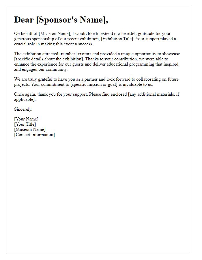 Letter template of sponsorship acknowledgment for museum exhibition