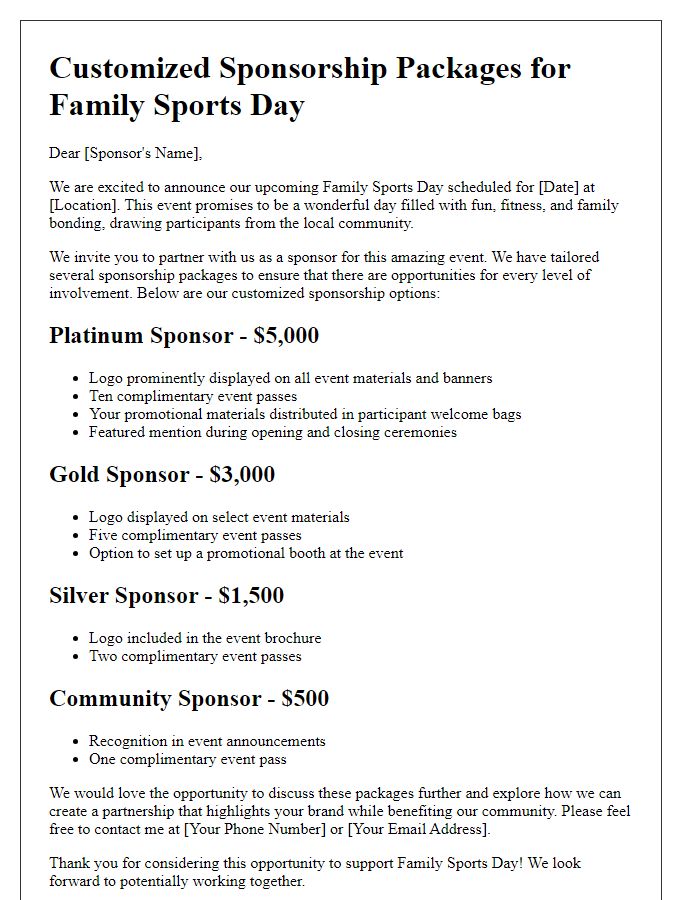 Letter template of customized sponsorship packages for family sports day.