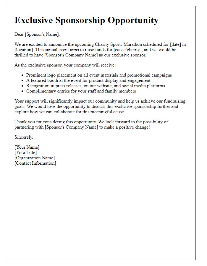 Letter template of exclusive sponsorship offer for charity sports marathon.