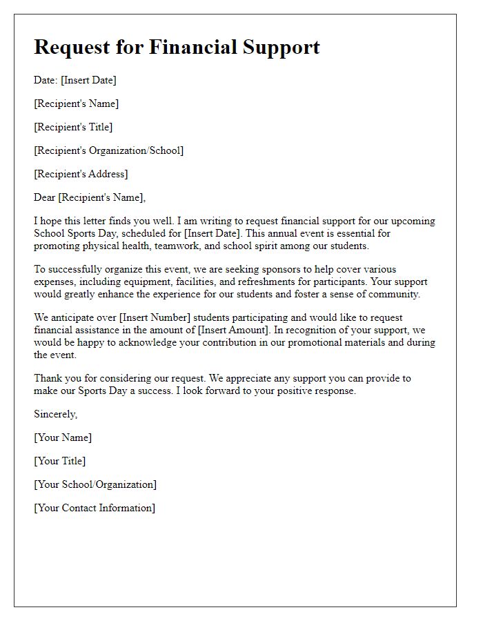 Letter template of financial support request for school sports day.