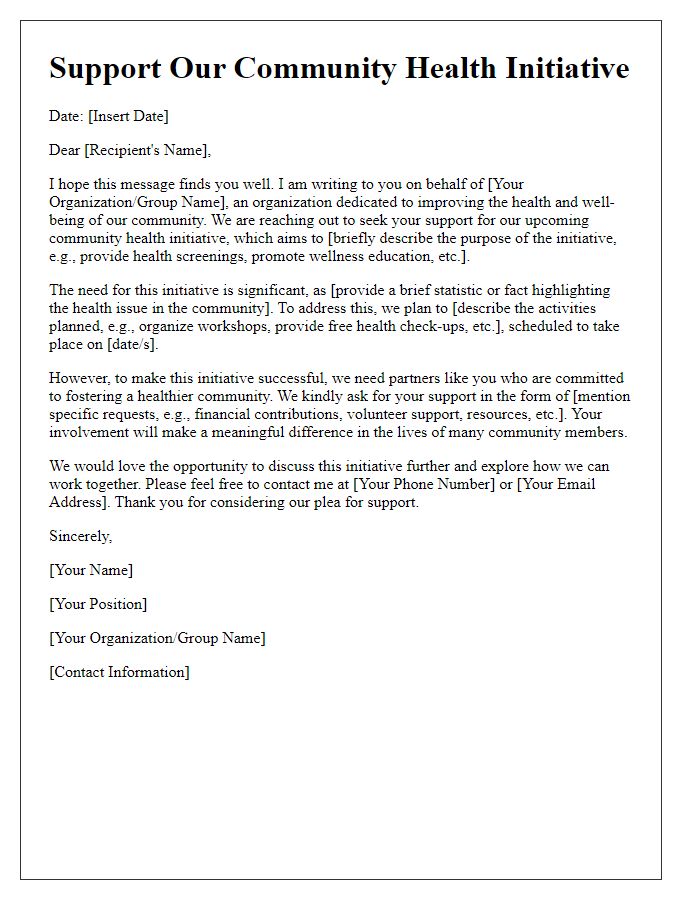 Letter template of community health initiative support plea