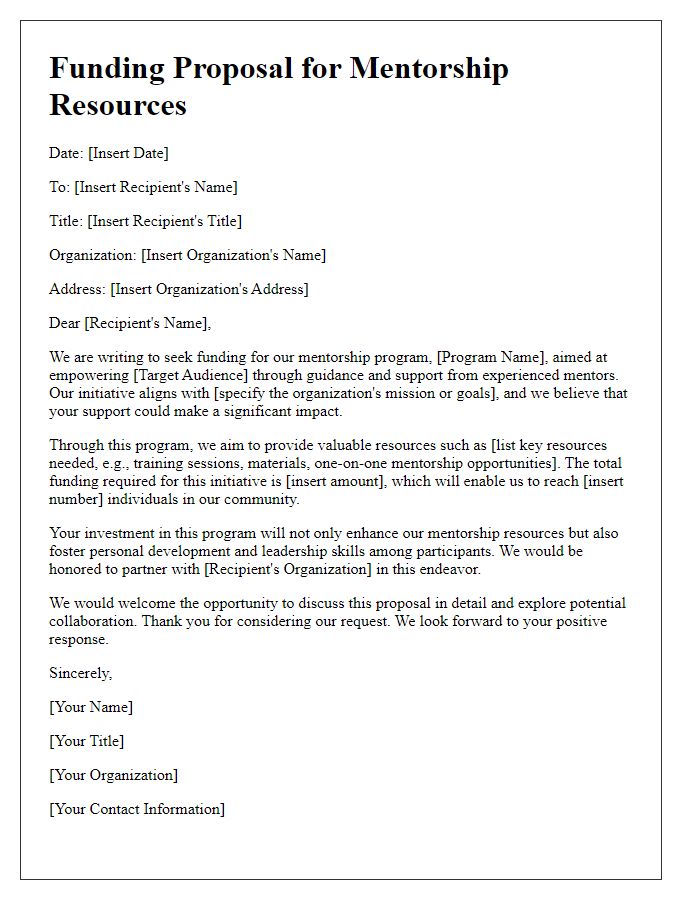 Letter template of funding proposal for mentorship resources.