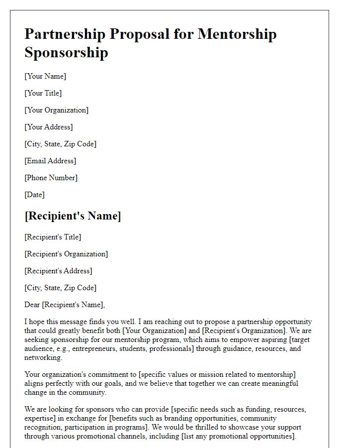 Letter template of partnership proposal for mentorship sponsorship.