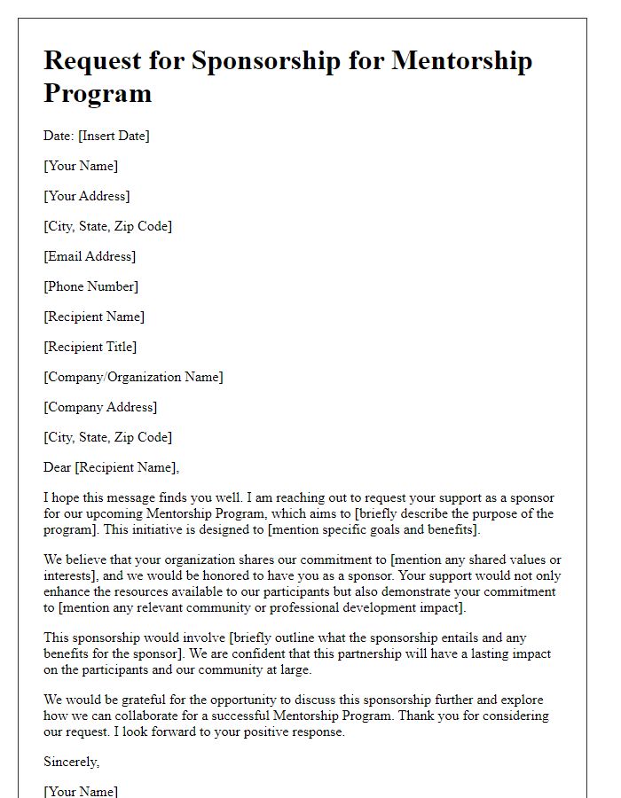 Letter template of request for mentorship program sponsorship.