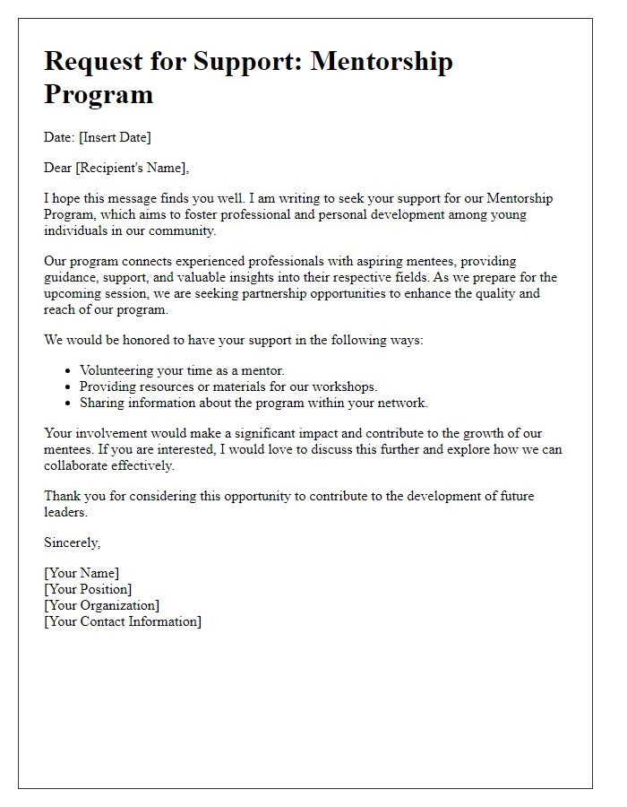 Letter template of solicitation for mentorship program support.