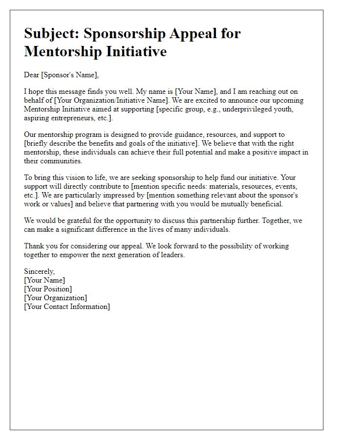 Letter template of sponsorship appeal for mentorship initiative.