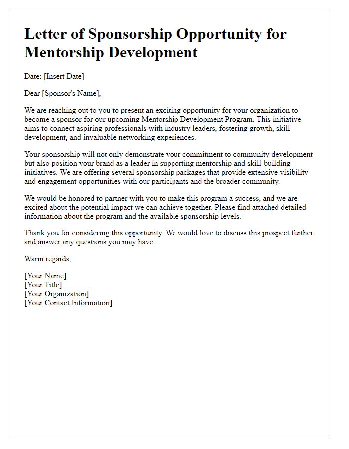 Letter template of sponsorship opportunity for mentorship development.