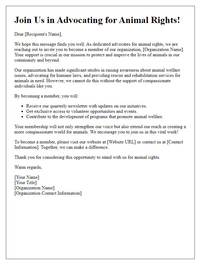 Letter template of membership drive for animal rights advocacy