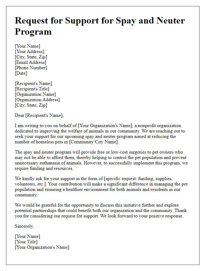 Letter template of support request for spay and neuter program