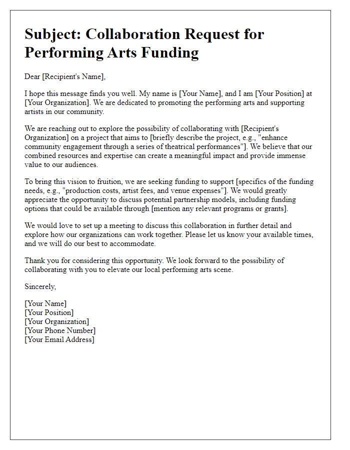 Letter template of collaboration request for performing arts funding