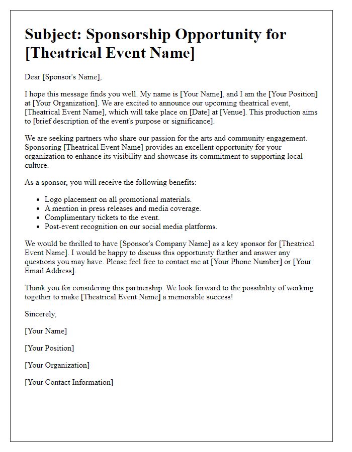 Letter template of outreach for theatrical event sponsorship