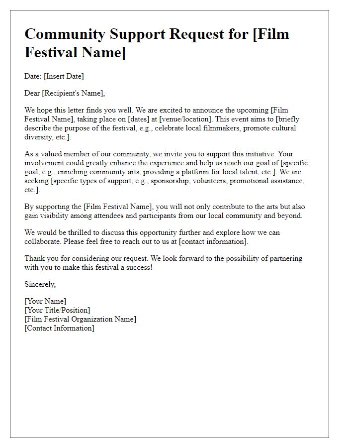 Letter template of community support request for film festival