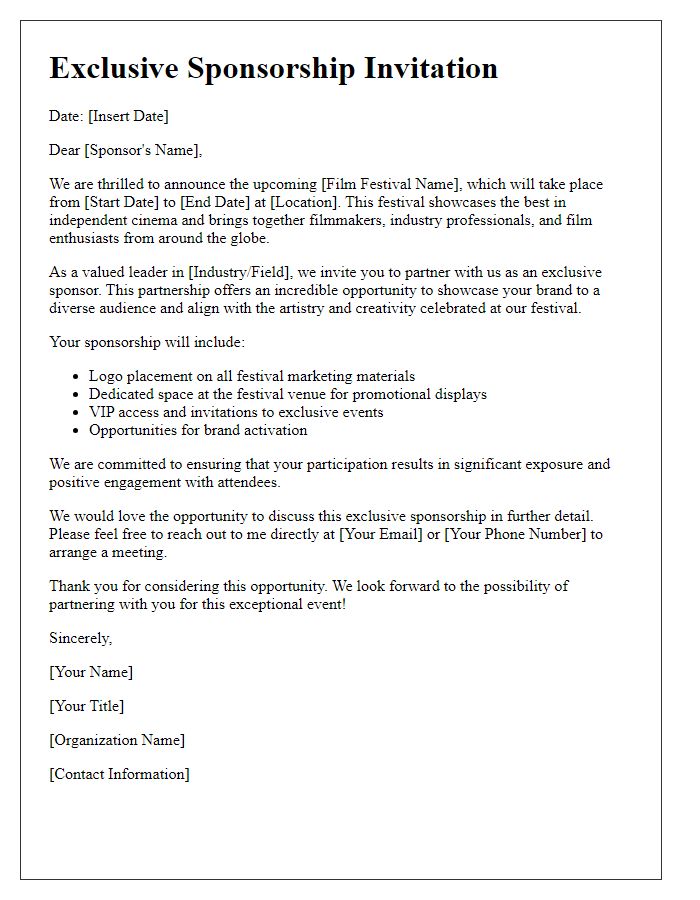 Letter template of exclusive sponsorship offer for film festival