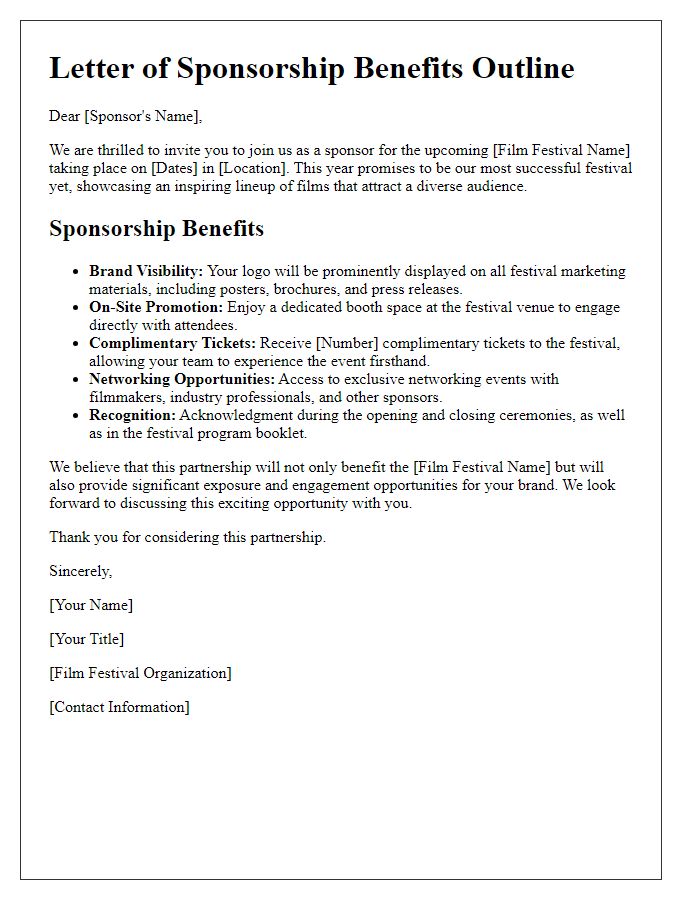 Letter template of sponsorship benefits outline for film festival