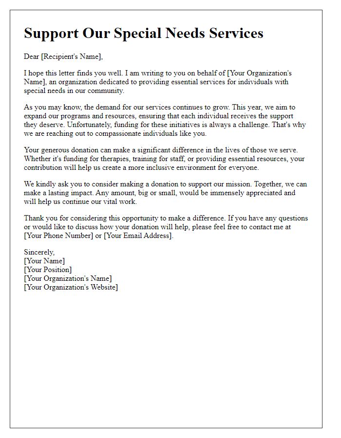 Letter template of appeal for donations towards special needs services