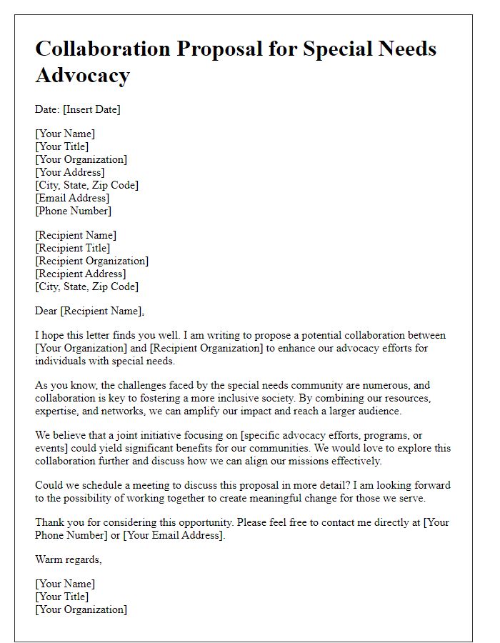 Letter template of collaboration suggestion for special needs advocacy efforts