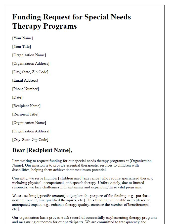 Letter template of funding request for special needs therapy programs