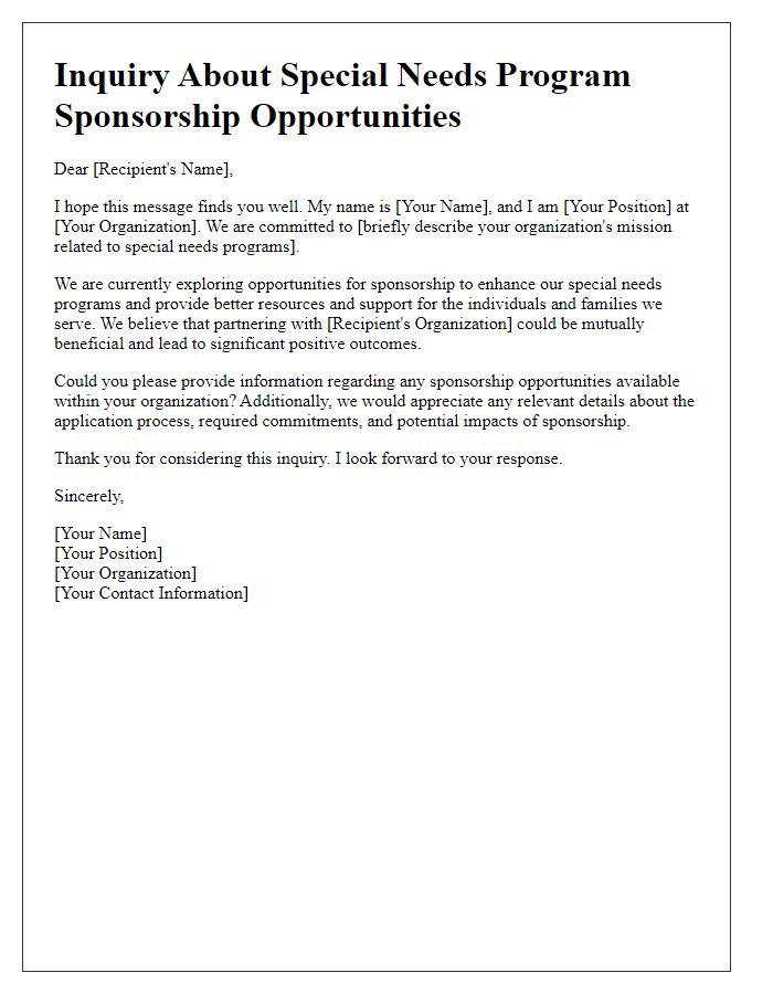 Letter template of inquiry about special needs program sponsorship opportunities