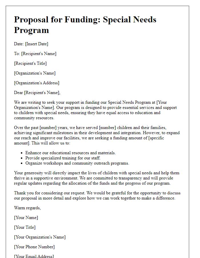 Letter template of proposal for special needs program funding