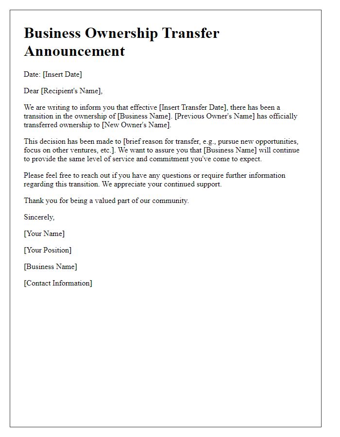 Letter template of business ownership transfer announcement