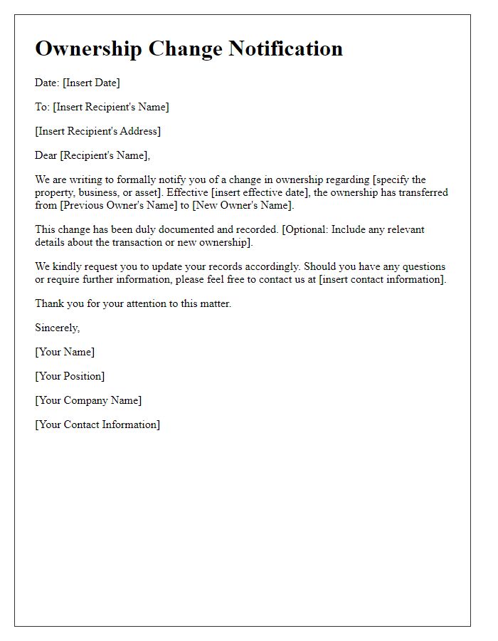 Letter template of ownership change notification