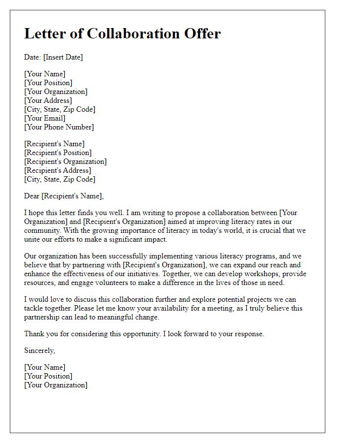 Letter template of collaboration offer for literacy improvement